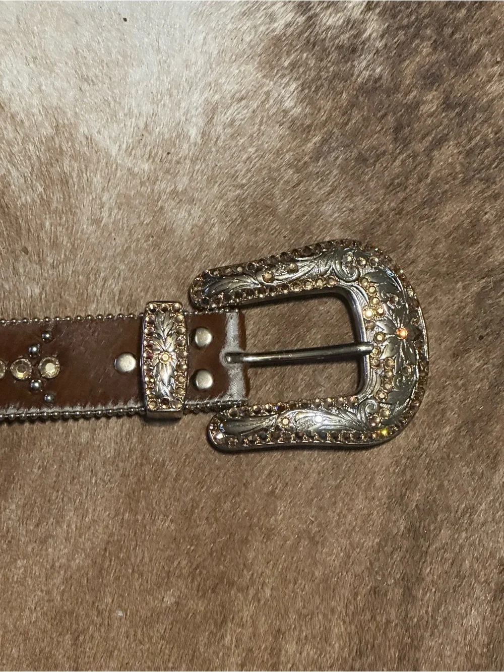 B.B. Simon Brown Hair on  Leather Belt with Swarovski  Crystal Buckle